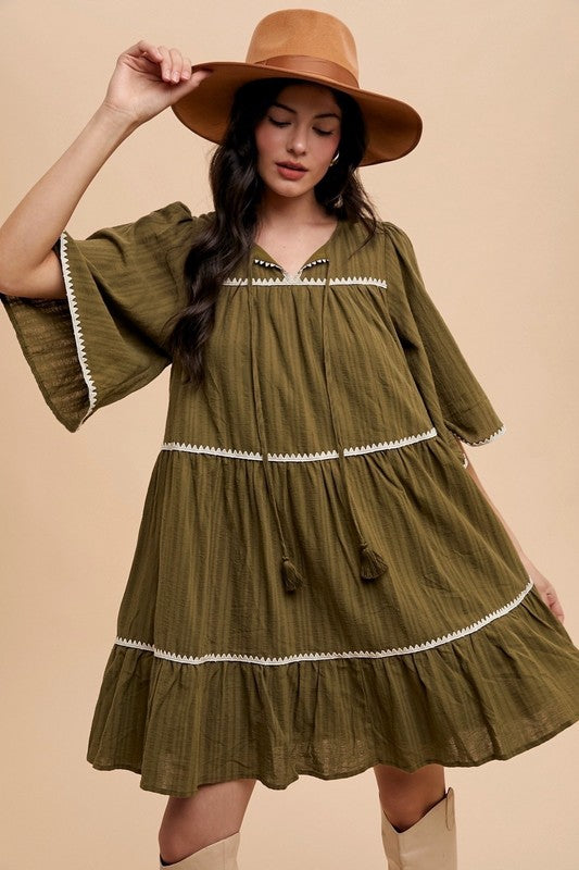 Tassel Contrast Trim Tie Neck Half Sleeve Tiered Dress