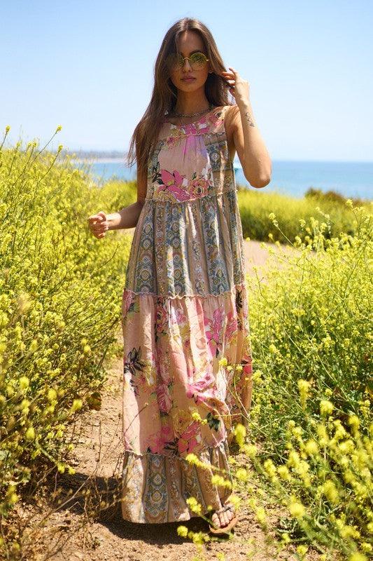 Floral Boho Stripe Mixed Full Skirt Maxi Dress - Wildflower Hippies