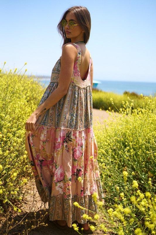 Floral Boho Stripe Mixed Full Skirt Maxi Dress - Wildflower Hippies