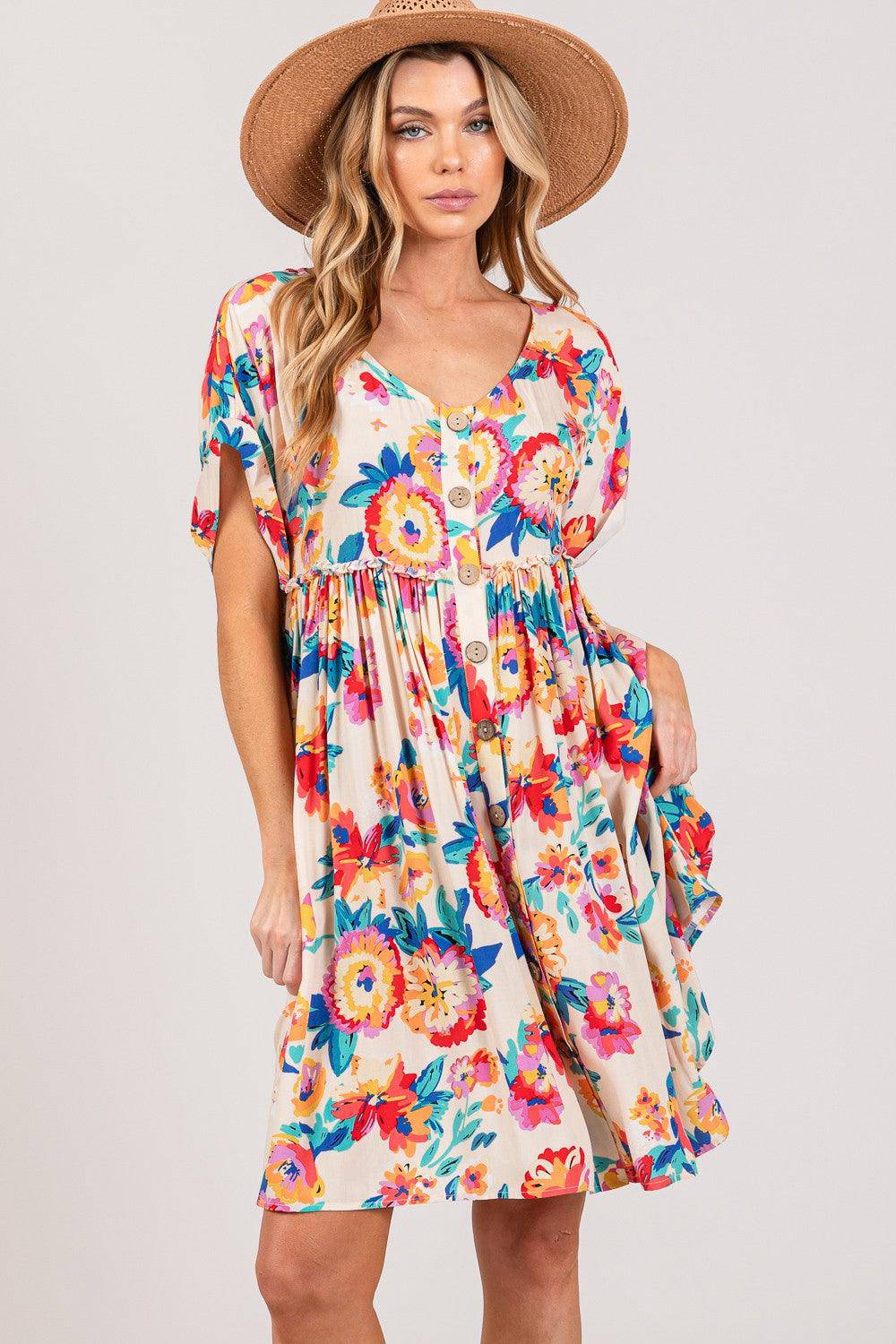 Floral Button-Down Short Sleeve Dress - Wildflower Hippies