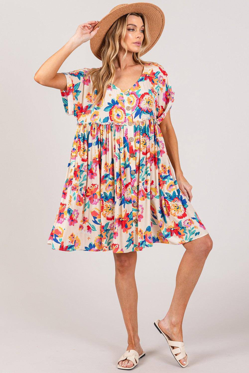 Floral Button-Down Short Sleeve Dress - Wildflower Hippies