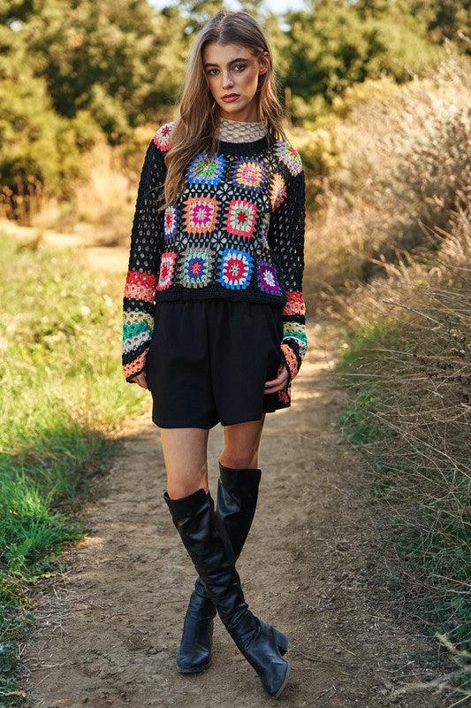 Floral Crochet Striped Sleeve Cropped Knit Sweater - Wildflower Hippies