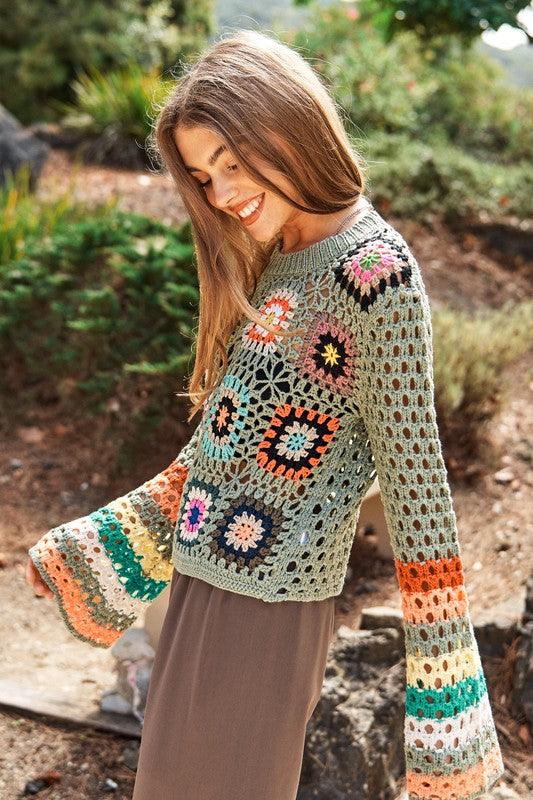 Floral Crochet Striped Sleeve Cropped Knit Sweater - Wildflower Hippies