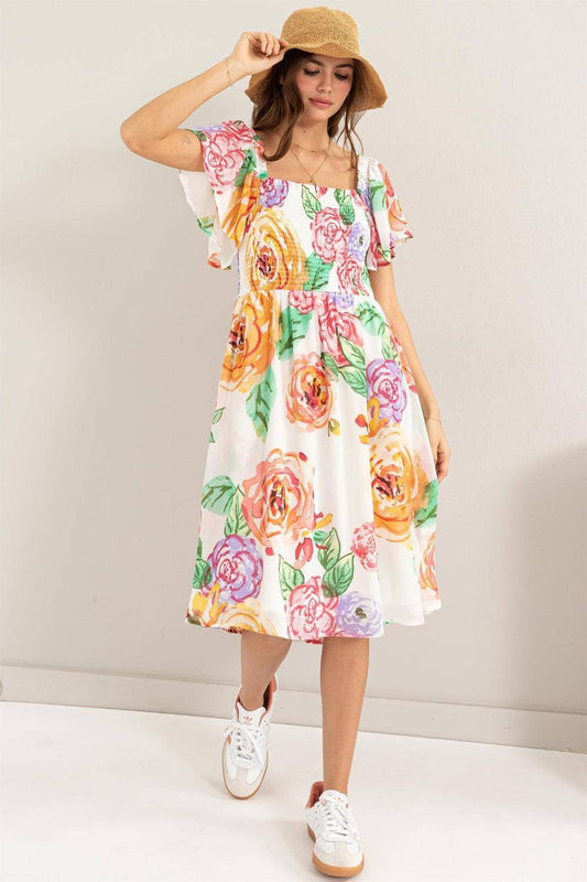 Floral Flutter Sleeve Smocked Dress - Wildflower Hippies