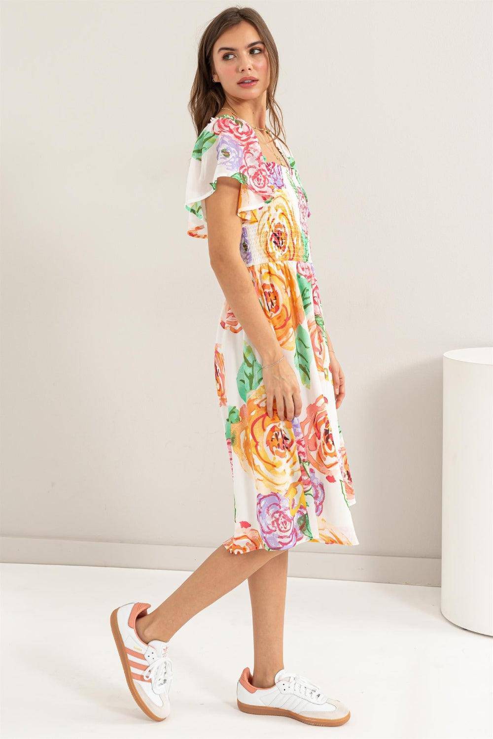 Floral Flutter Sleeve Smocked Dress - Wildflower Hippies