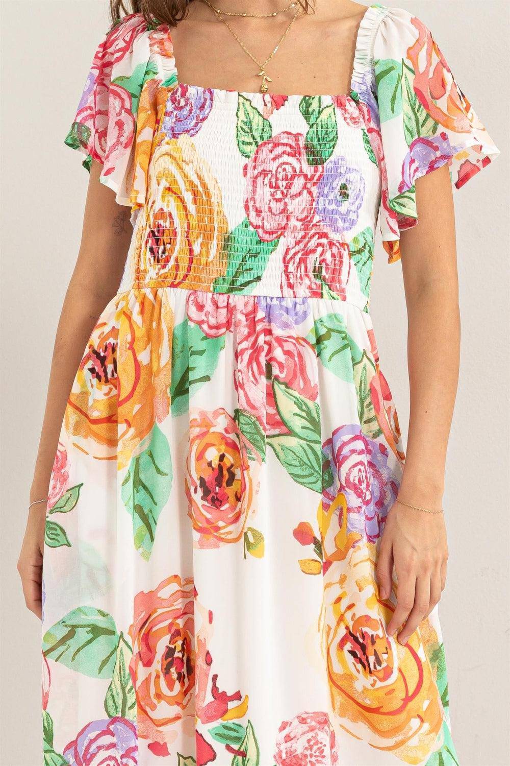 Floral Flutter Sleeve Smocked Dress - Wildflower Hippies