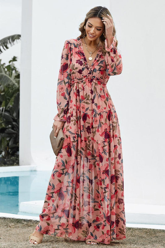 Floral Frill Trim Flounce Sleeve Plunge Maxi Dress - Wildflower Hippies