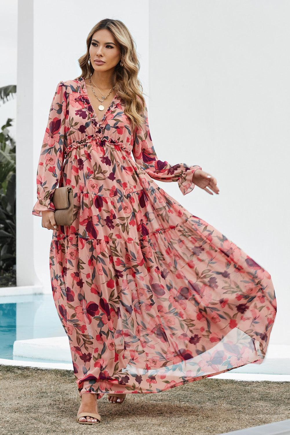 Floral Frill Trim Flounce Sleeve Plunge Maxi Dress - Wildflower Hippies