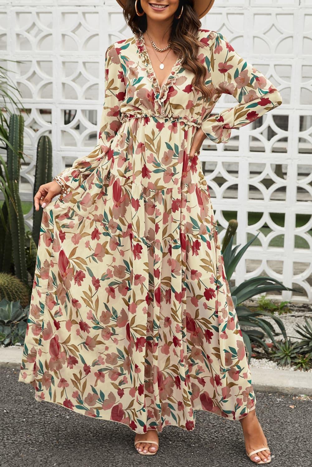 Floral Frill Trim Flounce Sleeve Plunge Maxi Dress - Wildflower Hippies