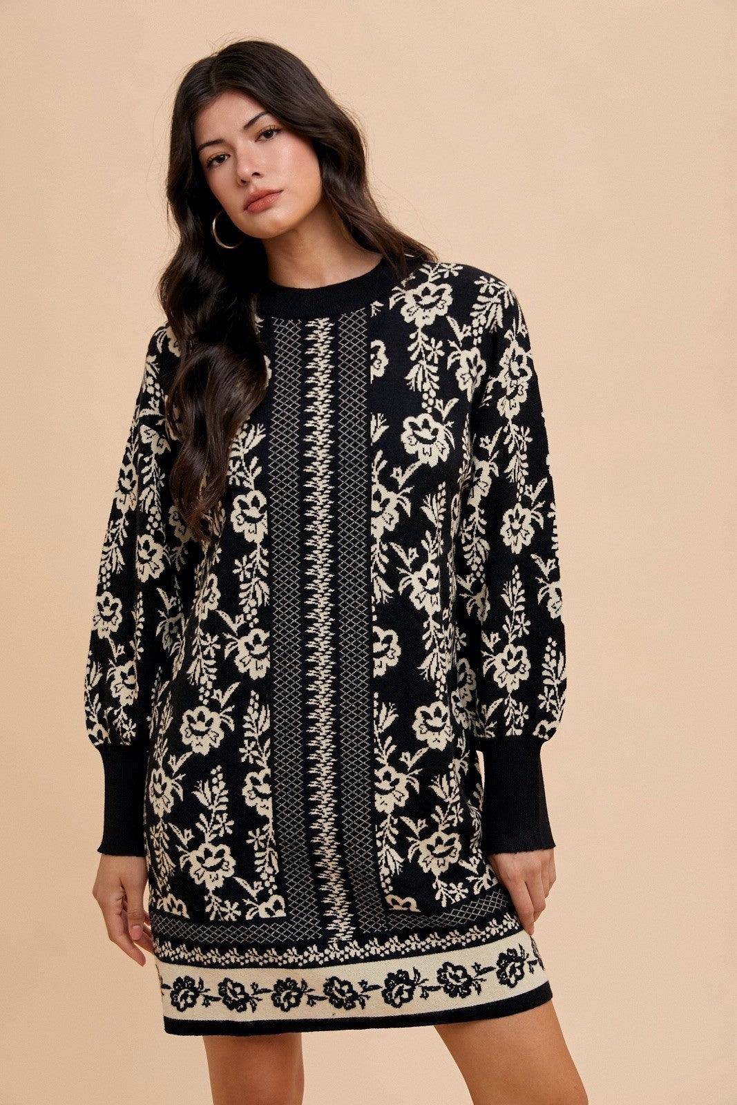 Floral Jacquard Round Neck Sweater Dress - Wildflower Hippies