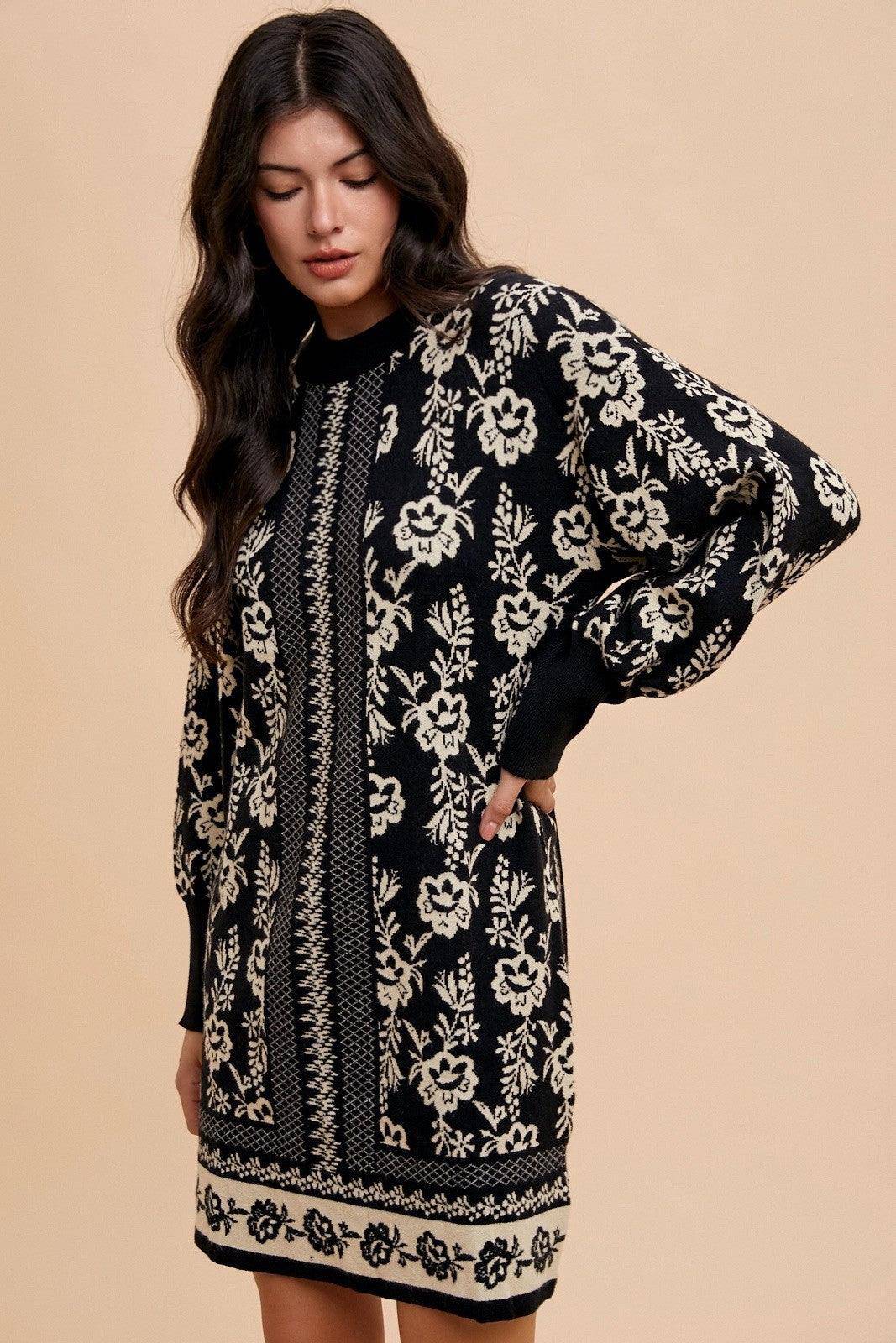 Floral Jacquard Round Neck Sweater Dress - Wildflower Hippies