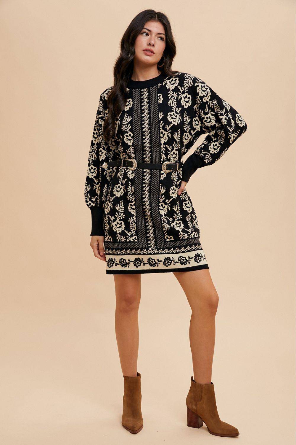 Floral Jacquard Round Neck Sweater Dress - Wildflower Hippies