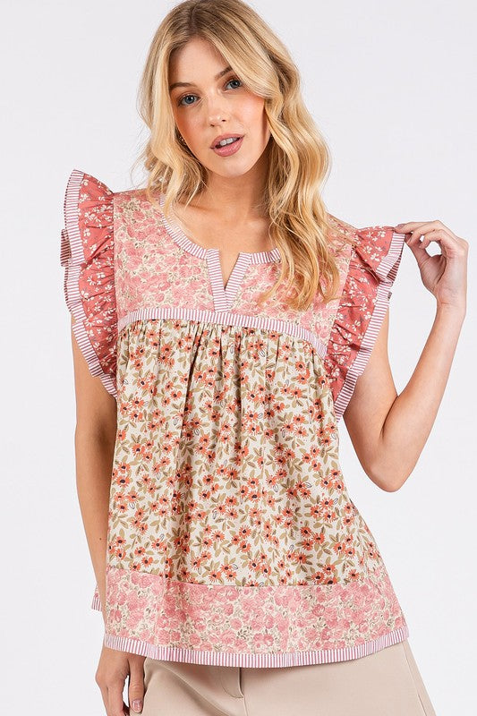 Floral Notched Ruffled Cap Sleeve Blouse - Wildflower Hippies