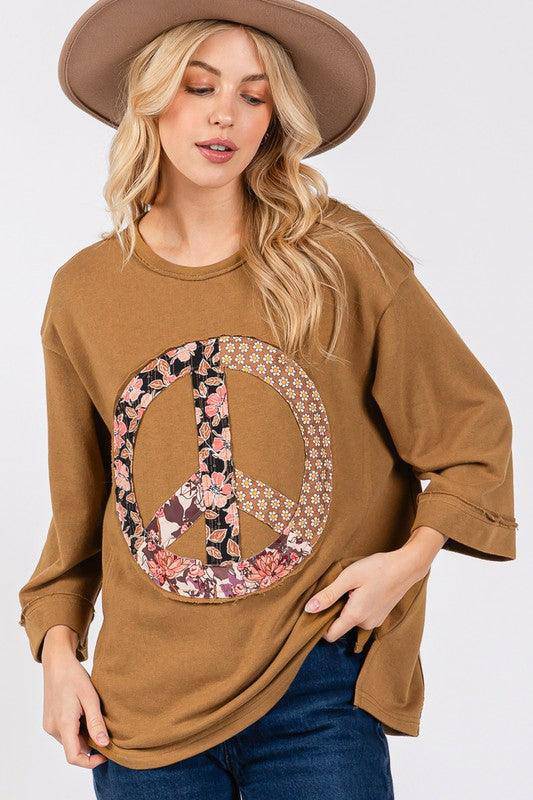 Floral Peace Patch Round Neck Top - Wildflower Hippies