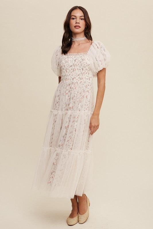 Floral Print and Mesh Puff Sleeve Maxi Dress - Wildflower Hippies