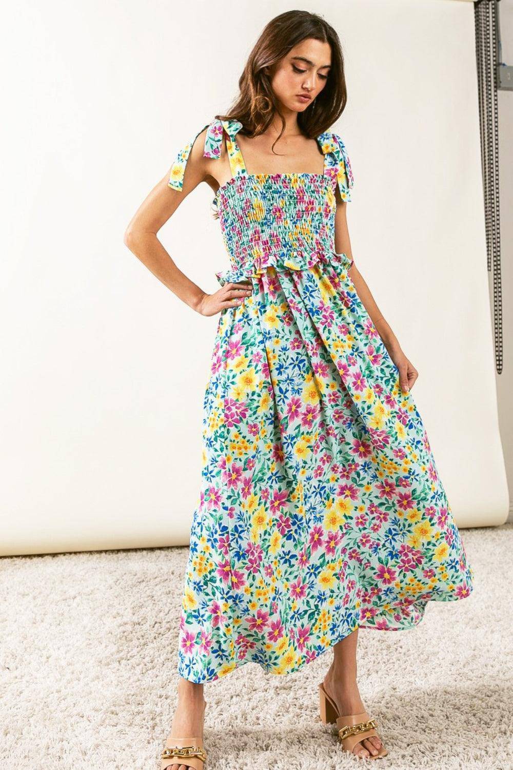 Floral Ruffle Trim Smocked Cami Dress - Wildflower Hippies