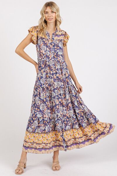 Floral Ruffled Notched Cap Sleeve Maxi Dress - Wildflower Hippies