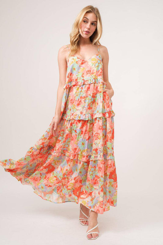 Floral Ruffled Tiered Maxi Adjustable Strap Cami Dress - Wildflower Hippies