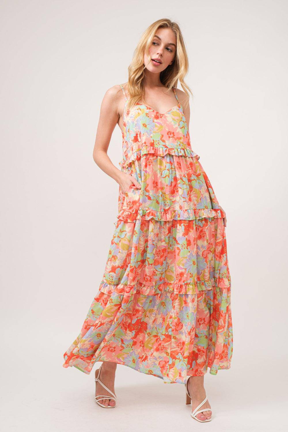 Floral Ruffled Tiered Maxi Adjustable Strap Cami Dress - Wildflower Hippies