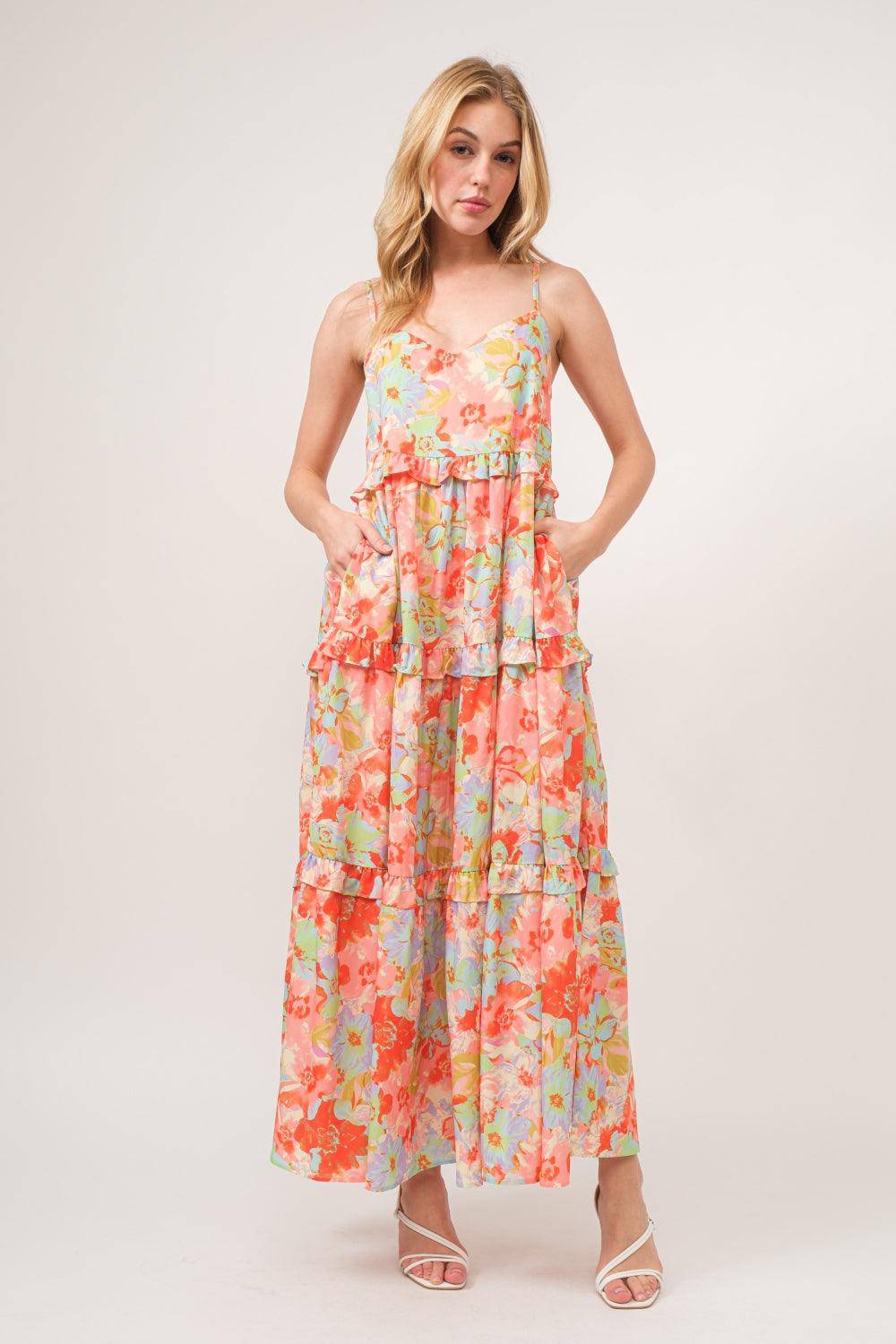 Floral Ruffled Tiered Maxi Adjustable Strap Cami Dress - Wildflower Hippies