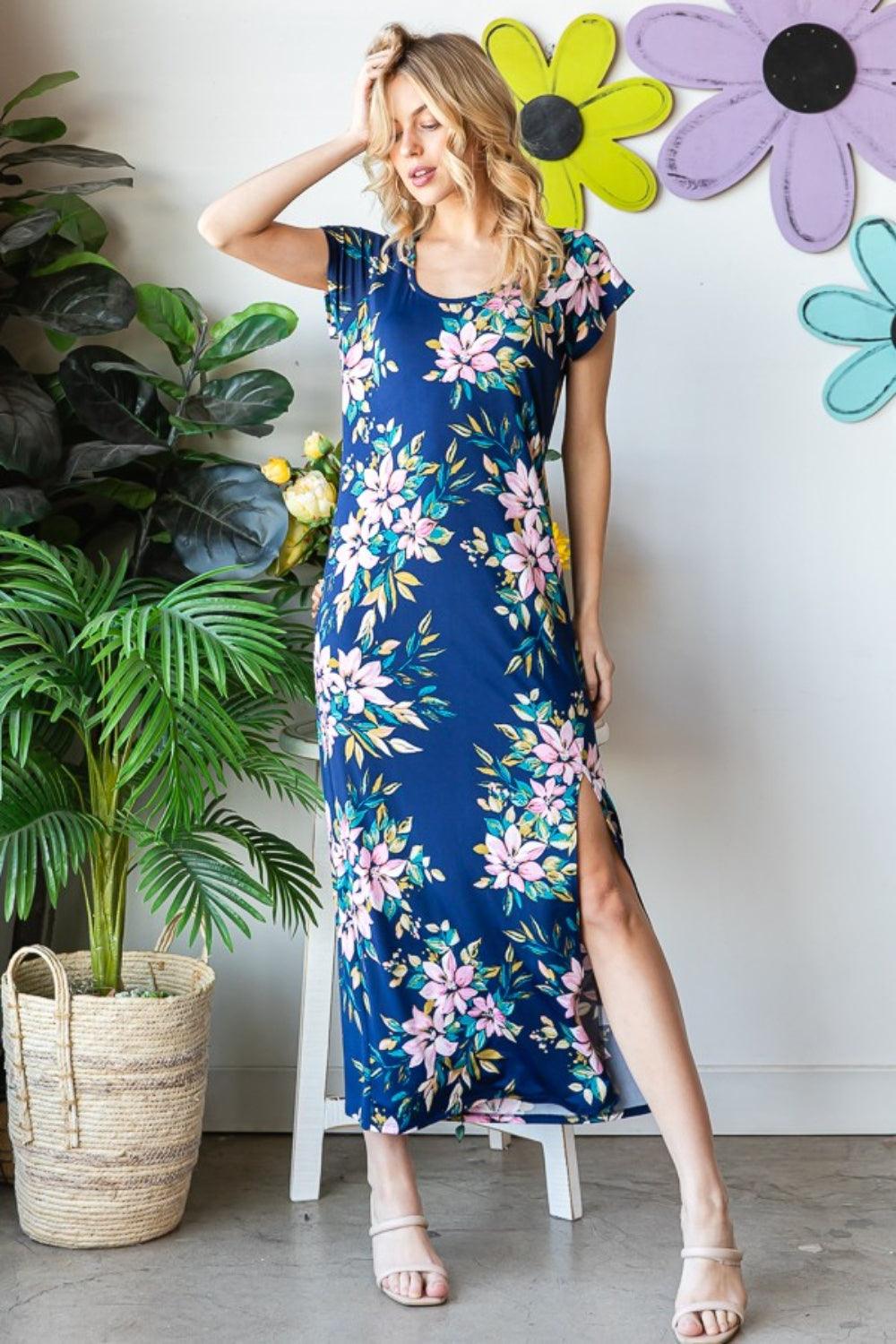 Full Size Floral Short Sleeve Slit Dress - Wildflower Hippies