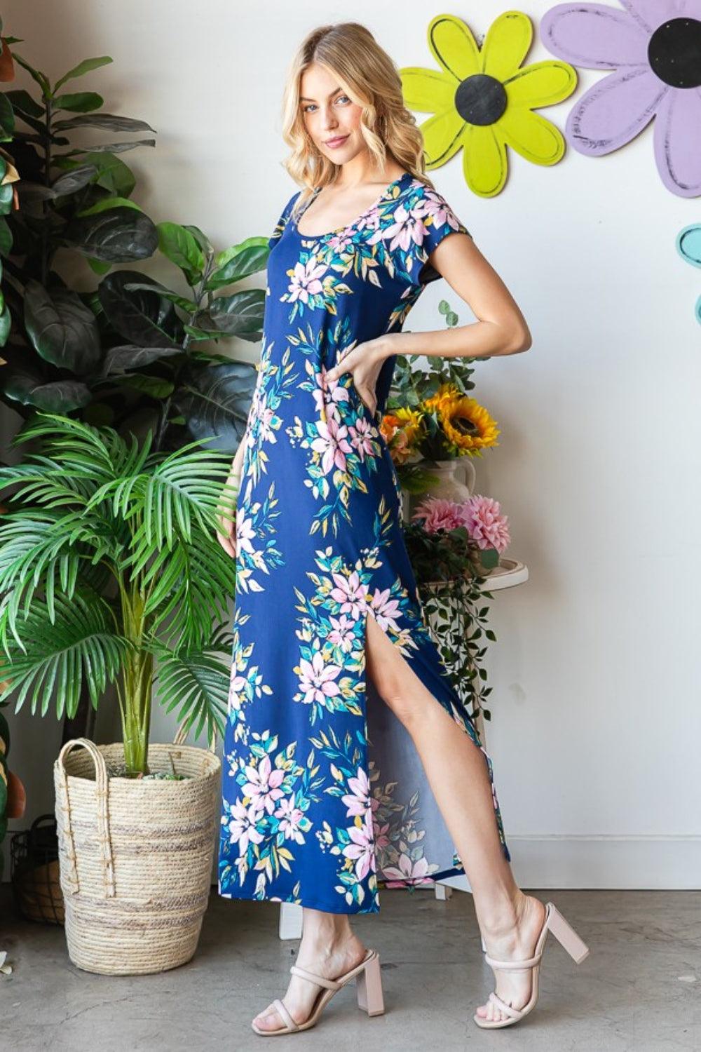 Full Size Floral Short Sleeve Slit Dress - Wildflower Hippies