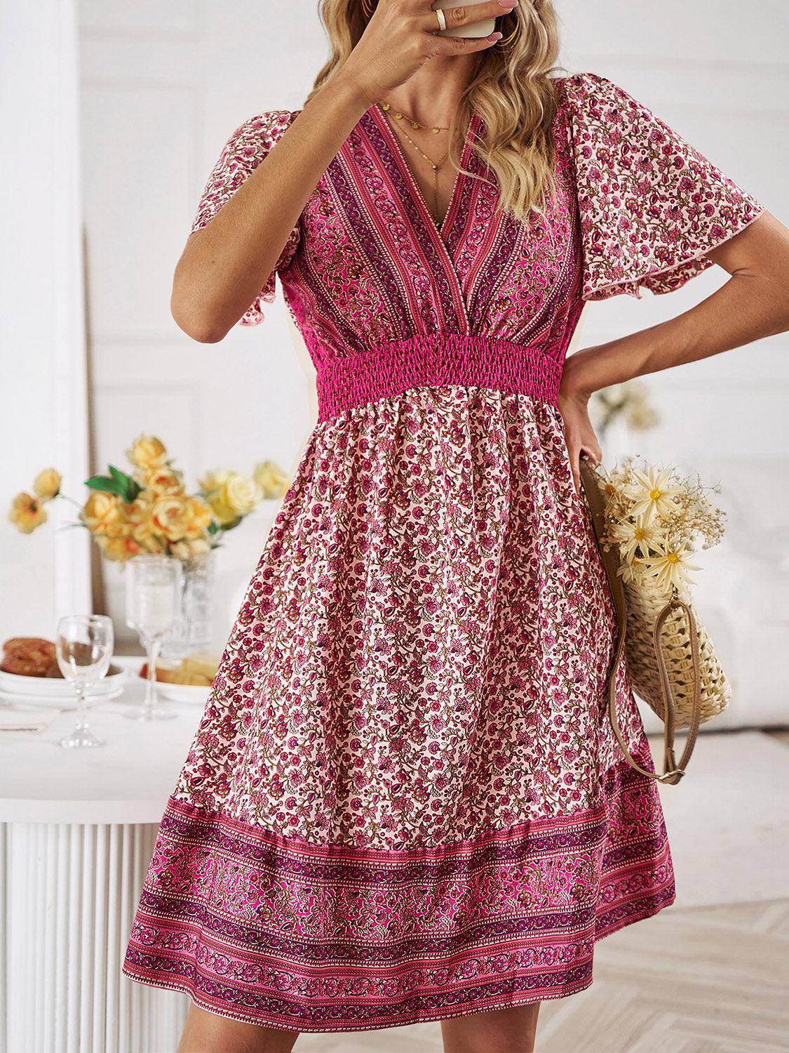 Floral Smocked Waist Short Sleeve Mini Dress - Wildflower Hippies