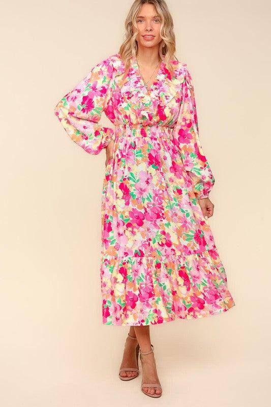 Floral Surplice Balloon Sleeve Dress with Side Pockets - Wildflower Hippies