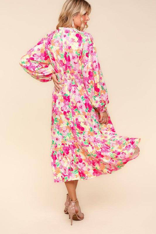 Floral Surplice Balloon Sleeve Dress with Side Pockets - Wildflower Hippies