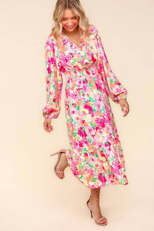 Floral Surplice Balloon Sleeve Dress with Side Pockets - Wildflower Hippies