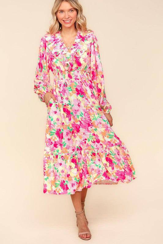 Floral Surplice Balloon Sleeve Dress with Side Pockets - Wildflower Hippies