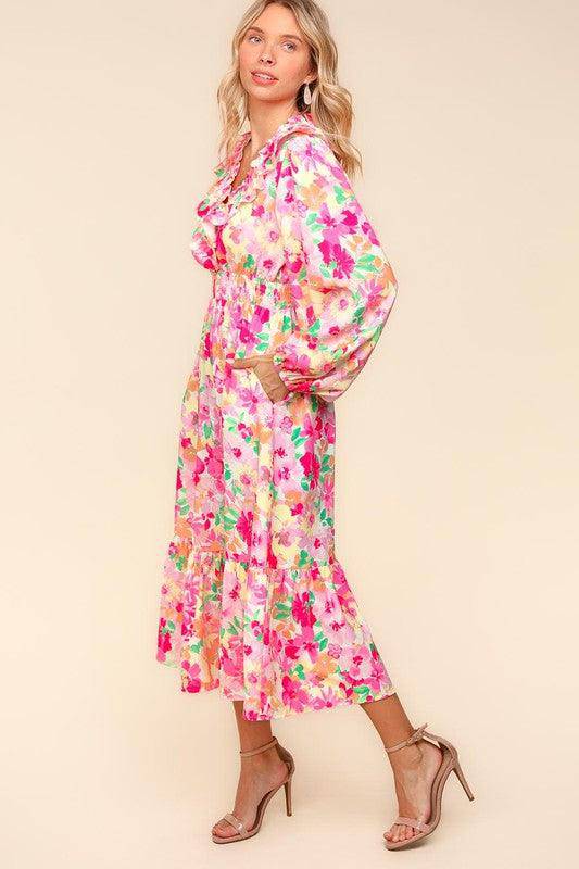 Floral Surplice Balloon Sleeve Dress with Side Pockets - Wildflower Hippies