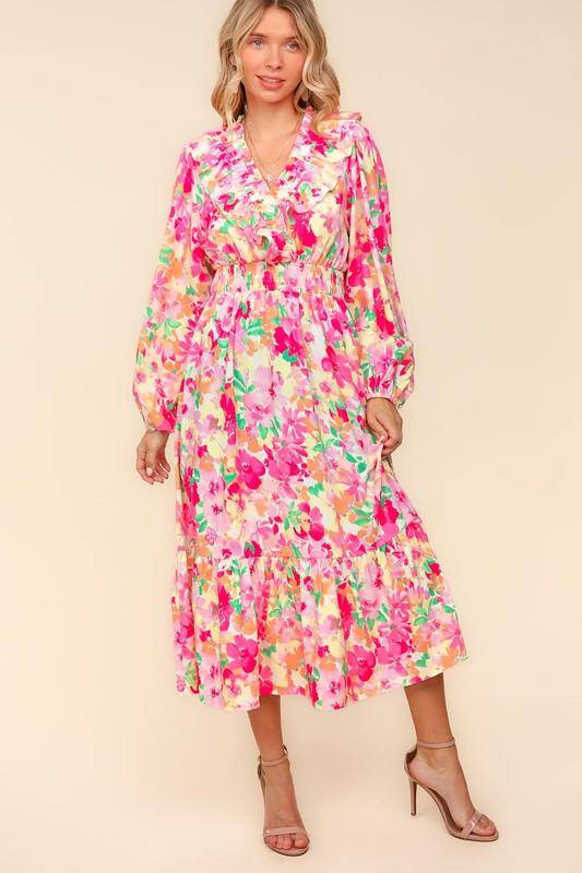 Floral Surplice Balloon Sleeve Dress with Side Pockets - Wildflower Hippies