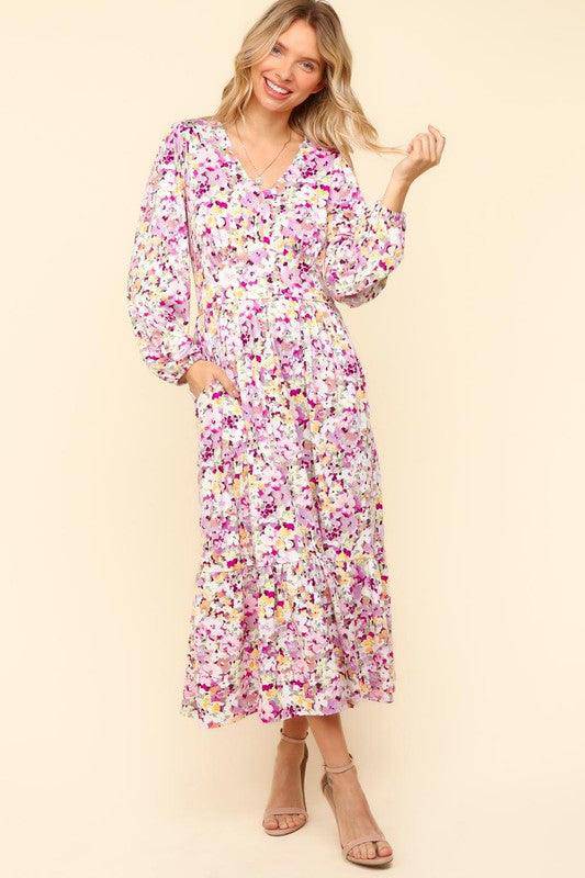 Floral V-Neck Long Sleeve Dress with Side Pockets - Wildflower Hippies