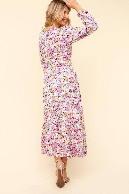 Floral V-Neck Long Sleeve Dress with Side Pockets - Wildflower Hippies