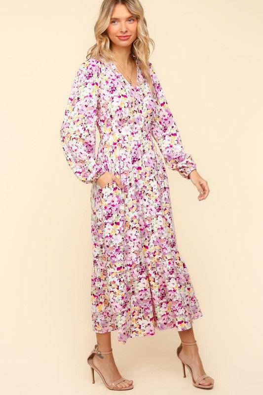 Floral V-Neck Long Sleeve Dress with Side Pockets - Wildflower Hippies