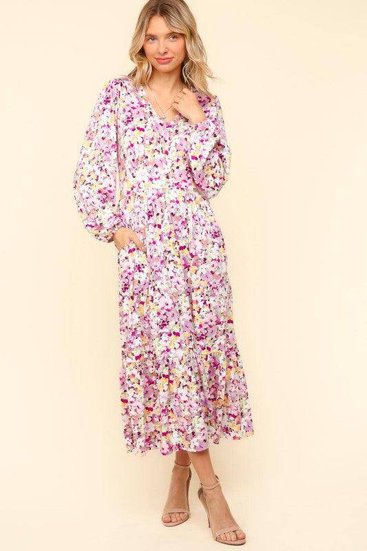 Floral V-Neck Long Sleeve Dress with Side Pockets - Wildflower Hippies