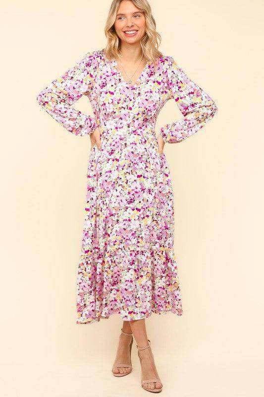 Floral V-Neck Long Sleeve Dress with Side Pockets - Wildflower Hippies