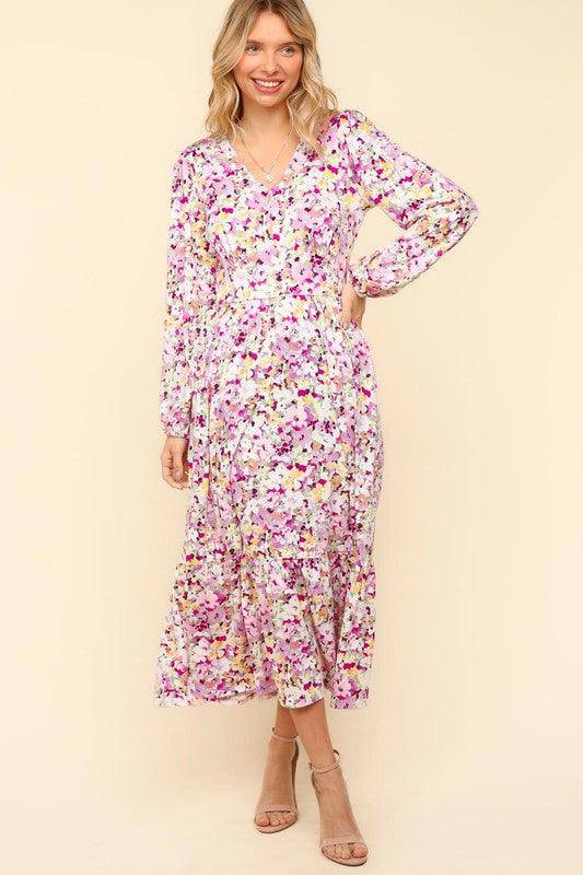 Floral V-Neck Long Sleeve Dress with Side Pockets - Wildflower Hippies