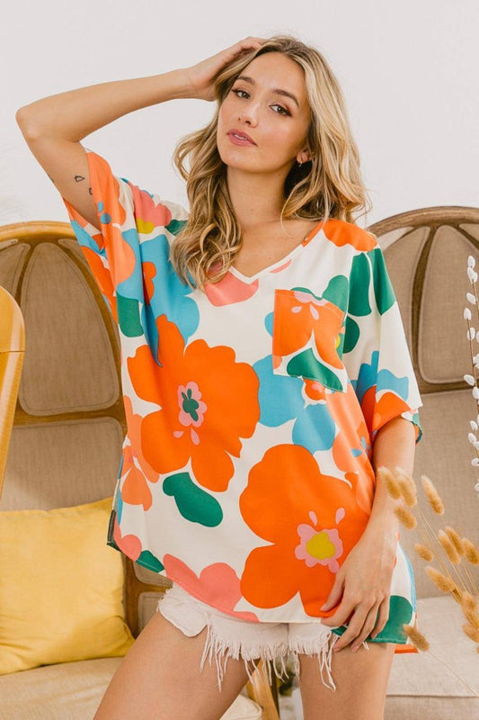 Floral V Neck Slit Side T-Shirt - Wildflower Hippies