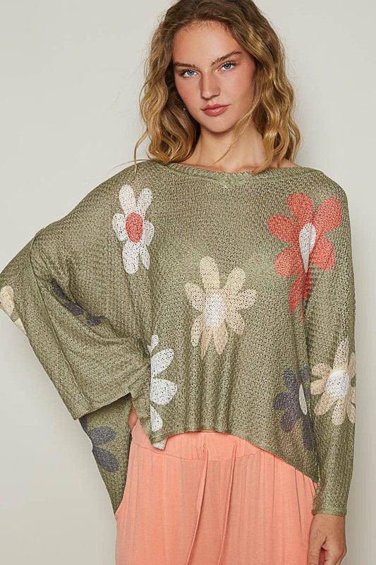 Flower Dropped Shoulder Long Sleeve Knit Top - Wildflower Hippies