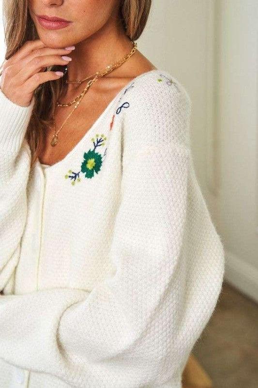 Flower Embroidered Button Up Long Sleeve Cardigan - Wildflower Hippies