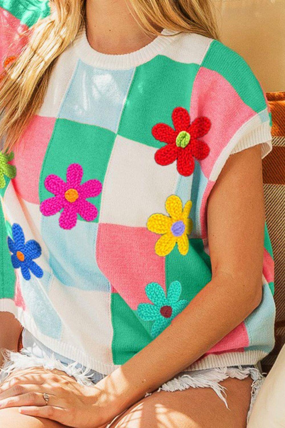 Flower Patch Checkered Sweater Vest - Wildflower Hippies