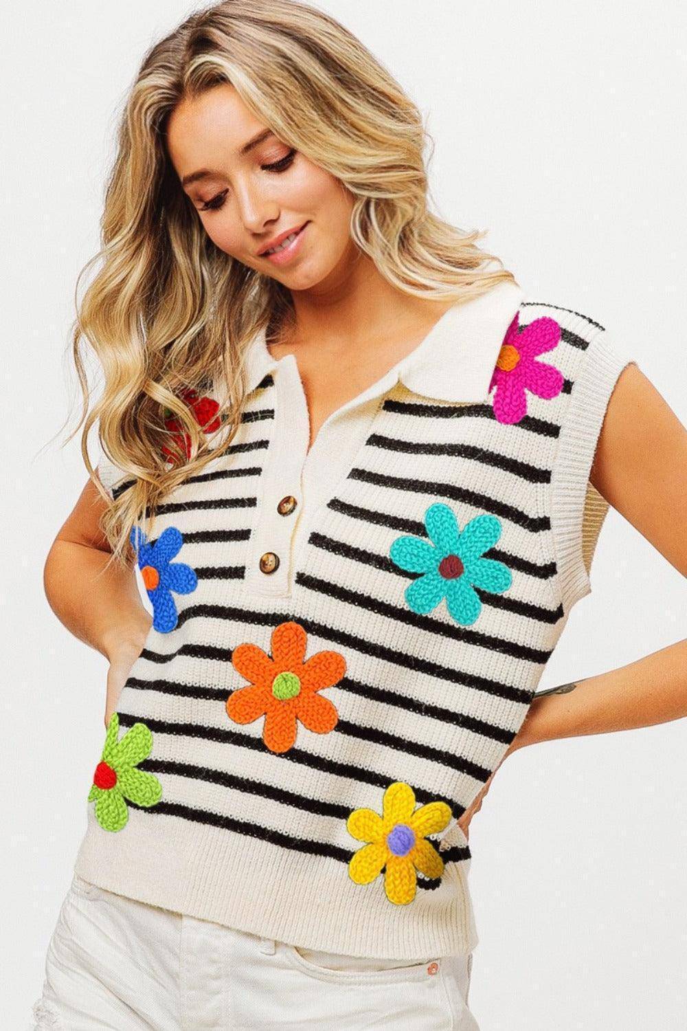 Flower Patch Striped Half Button Sweater Vest - Wildflower Hippies