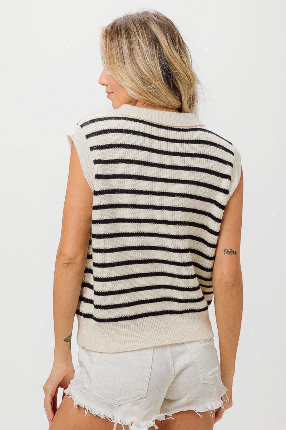 Flower Patch Striped Half Button Sweater Vest - Wildflower Hippies