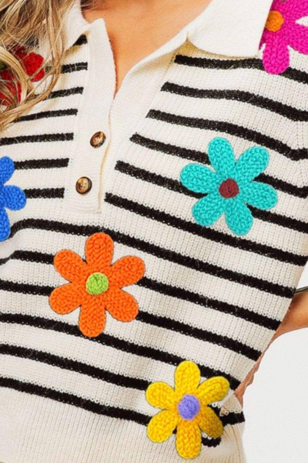 Flower Patch Striped Half Button Sweater Vest - Wildflower Hippies