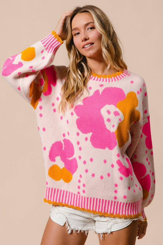 Flower Pattern Contrast Sweater - Wildflower Hippies