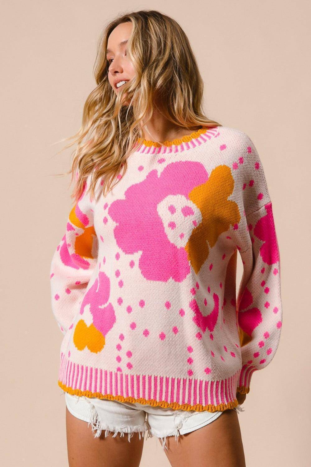 Flower Pattern Contrast Sweater - Wildflower Hippies