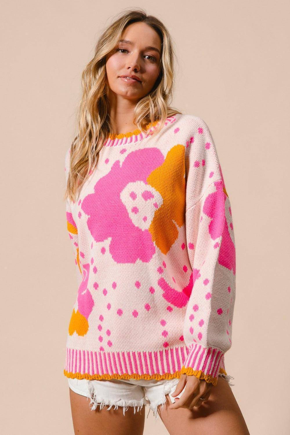 Flower Pattern Contrast Sweater - Wildflower Hippies