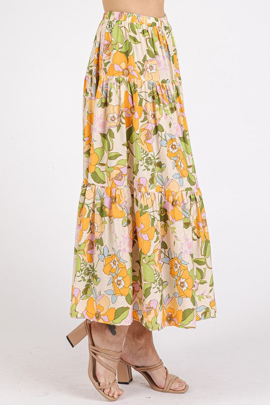 Flower Print Elastic Waist Tiered Skirt - Wildflower Hippies